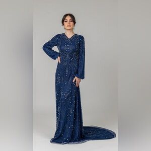 Blue Sequin Embellished Long Sleeve Gown